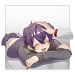  1boy 2boys animal_ears black_sweater closed_eyes dog_ears dog_tail fangs highres indie_virtual_youtuber jewelry long_sleeves male_focus multiple_boys open_mouth purple_hair sholinto short_hair shoto_(vtuber) smile sweater tail virtual_youtuber 