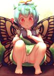  1girl ? antennae aqua_hair barefoot blush butterfly_wings cameltoe closed_mouth dress eternity_larva fairy food_in_mouth green_dress hair_between_eyes hair_ribbon highres kaabon_meshi leaf leaf_on_head multicolored_clothes multicolored_dress orange_eyes panties ribbon short_hair short_sleeves solo touhou underwear white_panties wings 