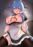  1girl ahoge alternate_costume apron ayomo_ro bell black_dress black_legwear blue_hair blurry blurry_background blush breasts breasts_out breath clothes_lift cowbell dress dress_lift enmaided ganyu_(genshin_impact) garter_straps genshin_impact goat_horns hair_between_eyes highres horns inverted_nipples large_breasts lifted_by_self long_hair looking_at_viewer maid maid_apron open_mouth purple_eyes smile solo thighhighs thighs 