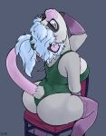  absurd_res anthro big_breasts big_butt breasts butt chair clothed clothing didelphid female fur furniture grey_body grey_fur hi_res legwear mammal marsupial signature simple_background skoon solo thigh_highs 