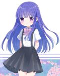  1girl absurdres arms_behind_back bangs blue_hair blunt_bangs blush collared_shirt flower furude_rika highres higurashi_no_naku_koro_ni leaf long_hair looking_at_viewer neck_ribbon nekomura_yuyuko pleated_skirt purple_eyes ribbon shirt shirt_tucked_in short_sleeves skirt smile solo standing suspender_skirt suspenders very_long_hair 