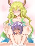  1boy 1girl age_difference blush breasts closed_eyes dragon_girl duplicate highres horns kobayashi-san_chi_no_maidragon lucoa_(maidragon) magatsuchi_shouta multicolored_hair nipples nude pixel-perfect_duplicate purple_hair size_difference smile zhen_lu 