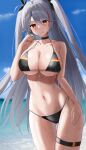  1girl :q absurdres antenna_hair ass_visible_through_thighs azur_lane bangs bare_shoulders bikini black_bikini black_choker black_ribbon blue_sky blush breasts cc_(c~fua) choker cleavage closed_mouth cloud collarbone commentary contrapposto cowboy_shot cross cross_earrings day earrings eyebrows_visible_through_hair flag_print german_flag german_flag_bikini grey_hair groin hair_between_eyes hand_up highres iron_cross jewelry large_breasts long_hair looking_at_viewer multicolored_hair navel ocean orange_eyes outdoors prinz_eugen_(azur_lane) prinz_eugen_(unfading_smile)_(azur_lane) red_hair ribbon side-tie_bikini sidelocks skindentation sky smile solo standing stomach streaked_hair swept_bangs swimsuit thigh_gap thigh_strap tongue tongue_out two_side_up very_long_hair wet 