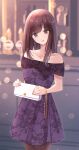  1girl bangs bare_shoulders blush brown_eyes brown_hair brown_legwear collarbone dress floral_print highres jewelry long_hair looking_at_viewer nagidango necklace off-shoulder_dress off_shoulder original parted_lips purple_dress solo standing white_bag 