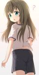  1girl ? ass bangs black_shorts blue_panties blush brown_background brown_hair commentary_request eyebrows_visible_through_hair from_behind green_eyes gym_shirt gym_shorts gym_uniform highres hippo_(hirople) long_hair looking_at_viewer looking_back open_mouth original panties panties_under_shorts pantyshot shirt short_shorts shorts simple_background solo underwear very_long_hair white_shirt 