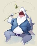  2022 anthro asian_clothing blue_clothing blue_fundoshi blue_underwear clothing east_asian_clothing fish fishing_rod fundoshi grey_body hi_res japanese_clothing japanese_text kemono kinoshita-jiroh male marine overweight overweight_male shark simple_background sitting text text_on_clothing text_on_underwear underwear white_body 