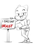  2018 anthro cartoon_network clothed clothing dbaru domestic_cat english_text felid feline felis fully_clothed gesture gumball_watterson male mammal monochrome open_mouth pointing sign sketch smile solo teeth_showing text the_amazing_world_of_gumball whiskers young 
