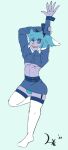  2022 alastor_(hazbin_hotel) alternate_color arm_above_head belt blue_background blue_hair blue_sclera bodily_fluids bottomwear bulge cervid clothing crop_top garter_straps hair hazbin_hotel hi_res humanoid leggings legwear male mammal midriff multicolored_hair nervous one_leg_up pecs raised_leg salaciouslx sharp_teeth shirt signature simple_background skirt solo stockings sweat teeth tight_clothing topwear two_tone_hair white_hair 