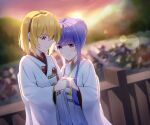  bangs black_hairband blonde_hair blunt_bangs blurry blurry_background blush bride commentary_request dconan_owo furude_rika glint hair_bun hairband higurashi_no_naku_koro_ni holding_hands houjou_satoko japanese_clothes jewelry kimono lens_flare looking_down medium_hair obi obiage obijime purple_eyes purple_hair red_eyes ring sash shiromuku short_hair_with_long_locks sidelocks smile uchikake wedding wedding_ring white_kimono yuri 