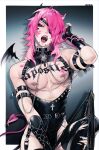  1boy absurdres bandages demon_boy demon_horns demon_tail demon_wings ear_piercing eyepatch fingerless_gloves gloves highres horns large_pectorals looking_at_viewer male_focus mazamuno open_mouth original pectorals piercing pink_eyes pink_hair solo tail tattoo wings 