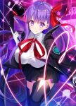  1girl bangs bb_(fate) bb_(fate/extra) black_coat black_skirt blush breasts coat fate/extra fate/extra_ccc fate_(series) fuyuki_(neigedhiver) gloves hair_ribbon high-waist_skirt highres large_breasts leotard long_hair long_sleeves looking_at_viewer neck_ribbon open_clothes open_coat popped_collar purple_eyes purple_hair red_ribbon ribbon skirt smile solo thighs very_long_hair wand white_gloves white_leotard wide_sleeves 