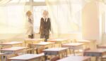  2boys absurdres blurry blurry_foreground cardigan chair classroom closed_mouth collared_shirt curtains day desk highres indoors looking_at_another male_focus multiple_boys necktie original pants pointy_ears school_chair school_desk shirt usuke_(u_skeeep) watch white_shirt wind window wristwatch 