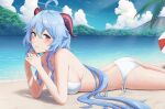 1girl absurdres ahoge ass bangs beach bikini blue_hair blue_nails blue_sky blush breasts chiisa970 cleavage closed_mouth cloud day elbow_rest eyebrows_visible_through_hair from_side ganyu_(genshin_impact) genshin_impact hair_between_eyes highres horizon light_blue_hair lips long_hair looking_at_viewer lying medium_breasts mountain on_ground on_stomach outdoors own_hands_together sand sidelocks sky smile solo swimsuit very_long_hair water wavy_hair wet white_bikini 