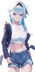  1girl absurdres bangs black_hairband blue_hair blue_jacket blue_shorts blush breasts brown_eyes crop_top cutoffs denim denim_shorts eula_(genshin_impact) genshin_impact hair_ornament hairband highres jacket large_breasts long_sleeves looking_at_viewer medium_hair midriff navel open_clothes open_jacket shirt shorts sidelocks solo thighs white_shirt xkirara39x 