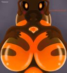  absurd_res ant anthro arthropod big_breasts breasts brown_body female glistening glistening_eyes glowing hand_on_breast hi_res honeypot_ant humanoid hymenopteran insect knightdorumon looking_at_viewer mandibles multicolored_body solo text translucent_breasts two_tone_body yellow_eyes 