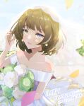  1girl blue_eyes bob_cut bouquet bridal_gauntlets bride collarbone dated dress earrings glint green_eyes green_hair happy_birthday heterochromia highres holding holding_bouquet idolmaster idolmaster_cinderella_girls jewelry looking_at_viewer lurenseed mole off-shoulder_dress off_shoulder outdoors smile solo sunlight takagaki_kaede wedding_dress white_dress 