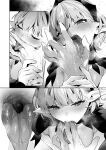  1boy 1girl bangs blush character_request closed_eyes copyright_request greyscale hand_grab highres hizuki_akira licking licking_finger long_tongue looking_at_viewer monochrome multiple_views open_mouth pointy_ears pov saliva short_hair teeth tongue tongue_out uvula 