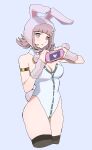 1girl animal_ears armlet bangs bare_shoulders breasts brown_hair cleavage cropped_legs danganronpa_(series) danganronpa_2:_goodbye_despair detached_collar fake_animal_ears grey_background handheld_game_console highres holding holding_handheld_game_console large_breasts leotard nanami_chiaki playboy_bunny_swimsuit qosic simple_background skindentation smile solo thighhighs 