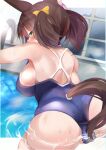  1girl absurdres akiba_monaka animal_ears ass back backboob bangs bent_over blue_swimsuit blush breasts brown_hair cameltoe commentary_request from_behind green_eyes hair_ribbon highres horse_ears horse_girl inari_one_(umamusume) large_breasts looking_at_viewer looking_back one-piece_swimsuit pool poolside ribbon shoulder_blades sideboob solo swimsuit umamusume 