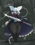  big_breasts black_body breasts cape clothing featureless_crotch female hi_res holding_melee_weapon hollow_knight jyto solo team_cherry thick_thighs vessel_(species) video_games 