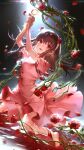  1girl :d arms_up barefoot black_hair blood blood_on_clothes blood_on_face breasts commentary_request dress flower glint hair_flower hair_ornament hairband highres holding liiko long_hair looking_at_viewer pink_dress plant pleated_dress red_eyes red_flower red_rose rose short_sleeves small_breasts smile solo spy_x_family thorns vines white_hairband yor_briar 