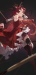  1girl absurdres arm_behind_head black_bow black_legwear blurry boots bow breasts chain depth_of_field detached_sleeves dress floating_hair food frilled_dress frills from_side grin hair_bow highres holding holding_food long_hair magical_girl mahou_shoujo_madoka_magica modare pocky pocky_in_mouth red_dress red_eyes red_footwear red_hair sakura_kyouko small_breasts smile soles solo teeth thighhighs twisted_torso weapon zettai_ryouiki 