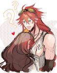  1boy 1girl :3 ? blank_eyes blush blush_stickers brown_hair cardia_beckford code:realize confused face_to_pecs goggles goggles_on_head heart hetero highres impey_barbicane kash-phia long_hair pectoral_cleavage pectorals red_hair wavy_hair 