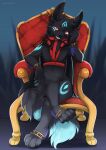  anthro black_body black_fur black_tail canid canine canine_teeth canis chair domestic_dog fur furniture harness hi_res looking_at_viewer male mammal naturally_censored on_chair pawpads red_eyes simple_background sitting sitting_on_chair smile smiling_at_viewer solo tsukune_minaga 