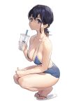  1girl :/ absurdres artist_name bangs bare_arms bare_legs bikini blue_bikini blue_hair breasts brown_eyes cleavage collarbone crossed_bangs cup disposable_cup drink drinking_straw full_body han-0v0 highres holding holding_drink medium_breasts original ponytail sidelocks simple_background skindentation slippers solo spaghetti_strap squatting swimsuit thighs wet white_background white_footwear 