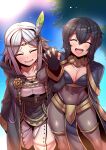  2girls anklet black_hair bodystocking breasts cape circlet cleavage closed_eyes coat commission cosplay covered_navel feather_hair_ornament feathers fire_emblem fire_emblem_awakening gloves hair_ornament highres holding_hands jewelry leaning_forward light_blush medium_breasts morgan_(fire_emblem) morgan_(fire_emblem)_(female) multiple_girls noire_(fire_emblem) open_mouth pelvic_curtain robin_(fire_emblem) robin_(fire_emblem)_(cosplay) siblings sisters skeb_commission tharja_(fire_emblem) tharja_(fire_emblem)_(cosplay) thighlet tukiwani white_hair 