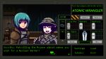  2girls android bar blue_eyes blue_hair closed_eyes dorothy_haze english_text fake_screenshot fallout_(series) fallout_new_vegas fingerless_gloves gloves helmet highres looking_at_viewer marpaparp multiple_girls open_mouth pith_helmet pixel_art purple_hair sei_asagiri short_hair slot_machine smile trench_coat va-11_hall-a 