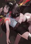  2girls apron ass bangs bare_shoulders black_apron black_choker black_gloves black_hair black_skirt blazpu bomb bomb_devil_(chainsaw_man) breasts brown_eyes chainsaw_man choker dual_persona elbow_gloves fire gloves grenade_pin grin highres looking_at_viewer medium_breasts medium_hair multiple_girls panties pencil_skirt reze_(chainsaw_man) skirt smile thighs underwear white_panties 