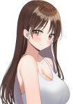  1girl absurdres bangs bare_shoulders blush breasts brown_eyes brown_hair cleavage closed_mouth eyebrows_visible_through_hair highres kubong large_breasts long_hair mole mole_on_breast original parted_bangs simple_background smile solo upper_body white_background 