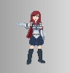  1girl arm_up armor brown_eyes closed_mouth erza_scarlet fairy_tail grey_background legs long_hair looking_at_viewer non-web_source pixel_art pokefankris red_hair shoulder_armor simple_background skirt solo sprite thighs 