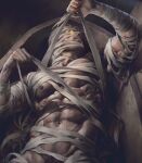  1boy abs aenaluck bandages bara clenched_teeth coffin facial_hair glowing glowing_eyes grey_hair highres large_pectorals lying male_focus mummy mummy_costume muscular muscular_male naked_bandage navel nipples on_back original pectorals short_hair solo teeth 