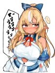  1girl absurdres blonde_hair blush bow breasts cleavage dark-skinned_female dark_skin detached_sleeves dress highres hololive large_breasts long_hair pointy_ears ponytail red_eyes shiranui_flare stomach_growling suzu_coconatu virtual_youtuber white_background white_dress 