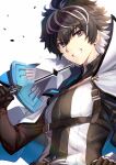  1boy black_gloves black_hair blue_eyes cape charlemagne_(fate) fate/extella fate/extella_link fate/extra fate/grand_order fate_(series) gloves grin highres holding holding_sword holding_weapon male_focus multicolored_hair ninoude_(ninoude44) over_shoulder smile sword two-tone_hair weapon weapon_over_shoulder white_background white_hair 