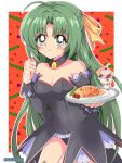 1990s_(style) 1girl absurdres ahoge angel_mort artist_name bangs bare_shoulders blush breasts brooch cherry cleavage covered_navel detached_collar elbow_gloves film_grain food frills fruit gloves green_eyes green_hair hair_ribbon half_updo hand_up highres higurashi_no_naku_koro_ni holding holding_tray ice_cream jewelry leotard lettuce long_hair looking_at_viewer mizuno374 omurice parted_bangs retro_artstyle ribbon skin_tight smile solo sonozaki_shion sundae thighhighs tomato tray uniform very_long_hair waitress wrist_cuffs 