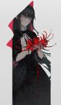 1girl akemi_homura bangs black_capelet black_dress black_hair black_hairband black_ribbon blood blood_drip blood_on_clothes blood_on_face blood_on_hands capelet closed_mouth commentary die_(die0118) dress eyebrows_visible_through_hair eyes_visible_through_hair feet_out_of_frame flower hairband highres holding holding_flower long_dress long_hair looking_at_viewer mahou_shoujo_madoka_magica mahou_shoujo_madoka_magica_movie neck_ribbon official_alternate_costume purple_eyes red_flower ribbon solo spider_lily very_long_hair 