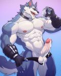  anthro bodily_fluids canid canine canis clothing collar cum dislyte ear_piercing ear_ring eyewear fingerless_gloves freddy_(dislyte) genital_fluids gloves handwear hi_res male mammal muscular muscular_male piercing scar solo sunglasses uiokv uncut_penis wolf 