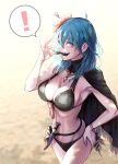  ! 1girl alternate_costume armpits bangs bikini black_bikini black_cape black_swimsuit blue_eyes blue_hair bracelet breasts byleth_(fire_emblem) byleth_(fire_emblem)_(female) byleth_(summer)_(fire_emblem)_(female) cape cleavage closed_mouth cowboy_shot dagger eyebrows_visible_through_hair fake_facial_hair fake_mustache fire_emblem fire_emblem:_three_houses fire_emblem_heroes flower hair_between_eyes hair_flower hair_ornament hand_on_hip hibiscus highres jewelry knife large_breasts long_hair looking_at_viewer navel official_alternate_costume orange_flower sand sheath sheathed solo speech_bubble standing swimsuit t_misaomaru weapon 