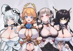  absurdres antenna_hair azur_lane bare_shoulders between_breasts black_dress black_hair black_panties blonde_hair blue_eyes blue_flower blue_gemstone blue_rose breasts cleavage closed_mouth clothing_cutout corset detached_collar dress flower formidable_(azur_lane) frilled_dress frills gem green_eyes hair_ribbon hat highres huge_breasts illustrious_(azur_lane) indomitable_(azur_lane) laurel_crown long_hair looking_at_viewer mole mole_under_eye navel necktie necktie_between_breasts nocturnal_melonpan open_mouth panties parted_lips red_eyes revealing_clothes ribbon rose shirt shoulder_cutout smile sun_hat tress_ribbon two-tone_dress two-tone_ribbon underwear very_long_hair victorious_(azur_lane) white_corset white_dress white_shirt 