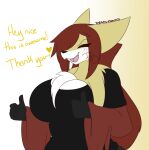 &lt;3 2020 anthro big_breasts black_body black_clothing black_fur black_nose black_shirt black_topwear breasts canid canine chest_tuft cleavage clothed clothing delphox dewwydarts dialogue eyes_closed female fur gesture gradient_background hair happy heart_after_text huge_breasts maddie_(dewwydarts) mammal nintendo one_eye_obstructed open_mouth pok&eacute;mon pok&eacute;mon_(species) pseudo_clothing red_body red_fur red_hair shirt simple_background solo thumbs_up topwear tuft video_games white_body white_fur yellow_body yellow_fur 