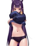  1girl ass_visible_through_thighs black_panties blue_sweater eyebrows_visible_through_hair highres hololive hololive_english long_hair looking_at_viewer navel ninomae_ina&#039;nis panties pointy_ears purple_eyes purple_hair smilesmile1312 solo stomach sweater tentacle_hair underwear undressing very_long_hair virtual_youtuber white_background 