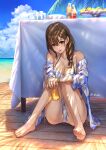  1girl barefoot beach bikini black_hair braid breasts brown_eyes commentary_request cup feet food fruit glasses hair_over_shoulder highres holding holding_cup looking_at_viewer medium_hair navel ocean original plate redrawn shouhei single_braid sitting swimsuit table towel twitter_username 