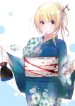  alternate_costume atago_(kancolle) blonde_hair breasts floral_print green_eyes hair_ornament highres japanese_clothes kantai_collection kimono kimura_shiki large_breasts long_hair obi sash 