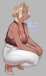  1girl agawa_ryou bare_shoulders blonde_hair blue_eyes breasts capri_pants cleavage closed_mouth dark-skinned_female dark_skin grey_background high_heels jewelry large_breasts mature_female original pants ring shirt_tucked_in short_hair sideboob squatting tank_top white_pants 