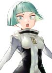  1girl :o =_(9_yawbus) absurdres bangs blunt_bangs breasts commentary_request covered_navel eyelashes green_eyes green_hair grey_shirt highres logo looking_at_viewer open_mouth pokemon pokemon_(game) pokemon_dppt shirt short_hair solo team_galactic team_galactic_grunt team_galactic_uniform teeth tongue upper_body upper_teeth vest white_background 