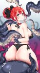  1girl ass black_bow black_swimsuit blue_eyes bow breasts earrings from_behind hair_bun highres huge_ass jewelry kenron_toqueen large_breasts looking_at_viewer octopus original red_hair restrained signature sitting smile swimsuit tentacles thighs tomatita wet 