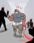  absurd_res anthro attribute_theft baseball_cap big_muscles bottomwear bulge clothing evil_grin group growth hat headgear headwear hi_res huge_muscles kajy male mammal muscle_growth muscular muscular_male nipple_outline pecs procyonid raccoon shirt shorts size_theft smile thick_thighs topwear 